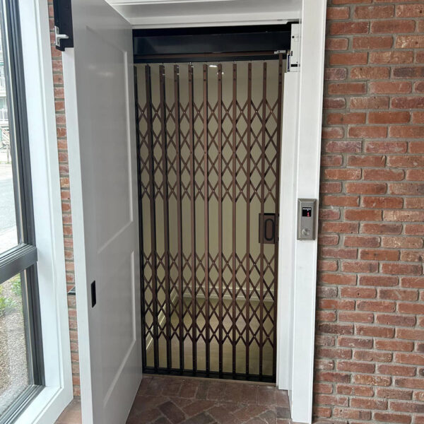 Crown Elevator New Jersey home elevator with bronze gate and white two panel door