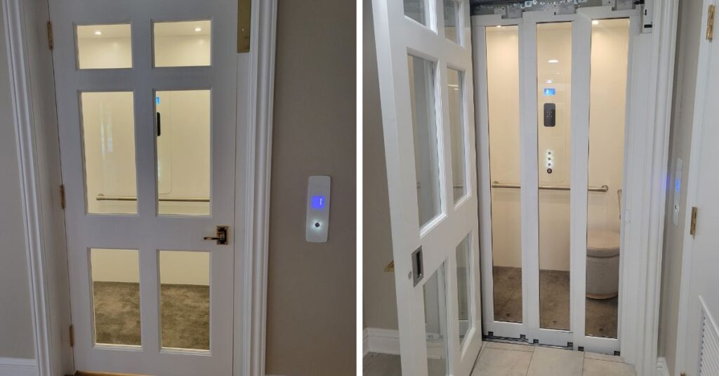 Garvaventa Elevator Install with glass 3 speed door Handel and Son Ohio door views Garaventa Lift 90 degree installation by Handel and Sons Elevator Lift Company