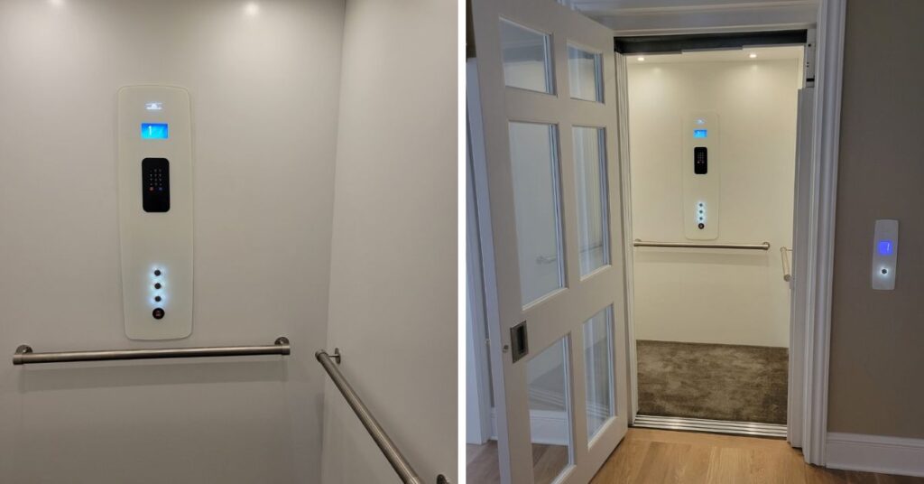 Garvaventa Elevator Install with glass 3 speed door Handel and Son Ohio white glass control panel Unique 90 degree home elevator by Handel & Son Elevator Lift Co