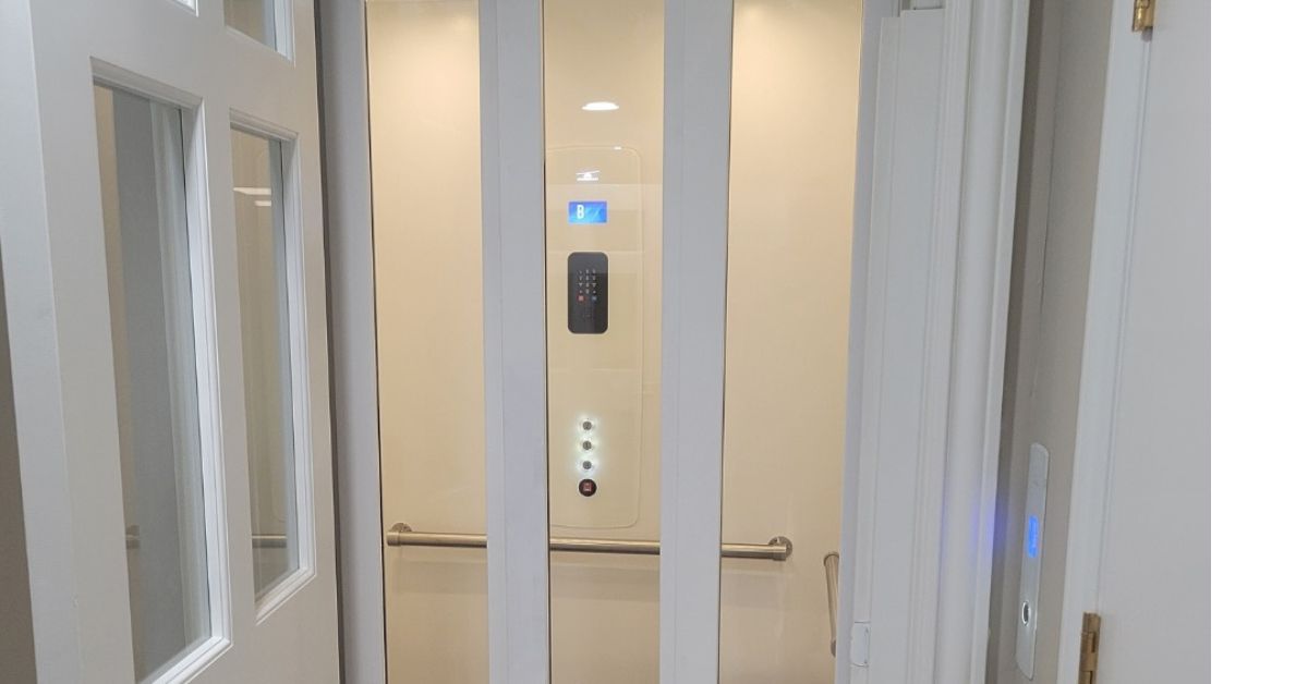 Garvaventa Elevator Install with glass 3 speed door Handel and Son Ohio Garaventa Lift with 3 speed glass sliding doors in Ohio home handel and son elevator and lift co